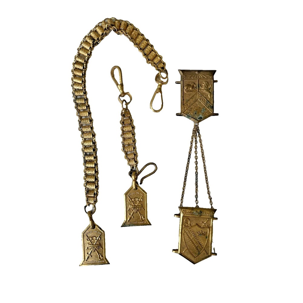 Vtg Fraternal Society  Sword Belt Hanger‎ Gold Tone Chain & Medals Regalia Lot